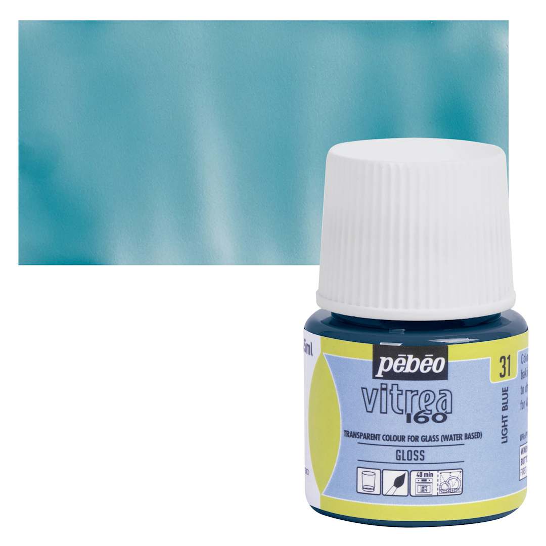 Open in modal - Pebeo Vitrea 160 Glass Paint - Light Blue, Glossy, 45 ml bottle and swatch