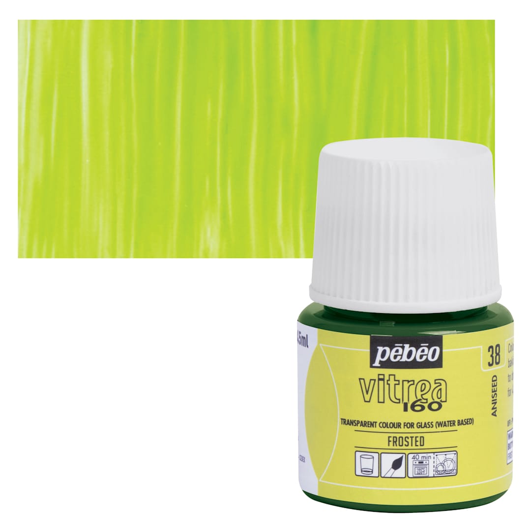 Open in modal - Pebeo Vitrea 160 Glass Paint - Aniseed Green, Frosted, 45 ml bottle and swatch