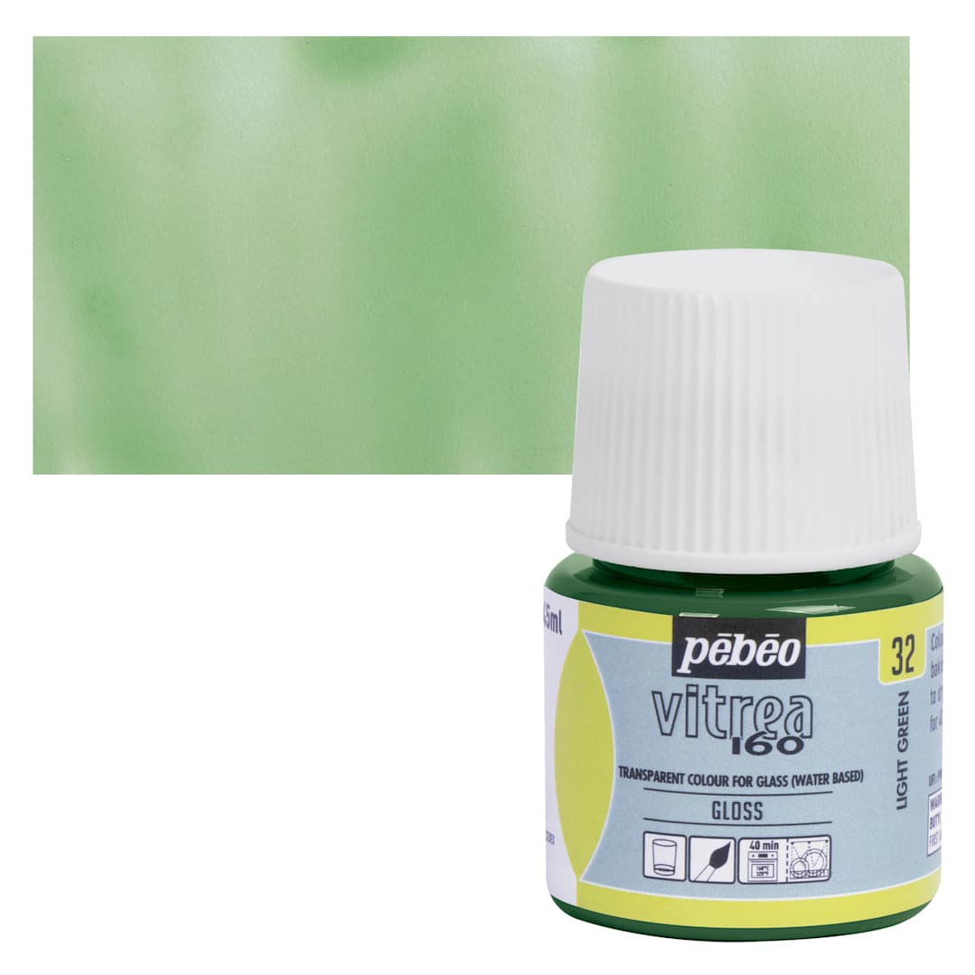 Open in modal - Pebeo Vitrea 160 Glass Paint - Light Green, Glossy, 45 ml bottle and swatch