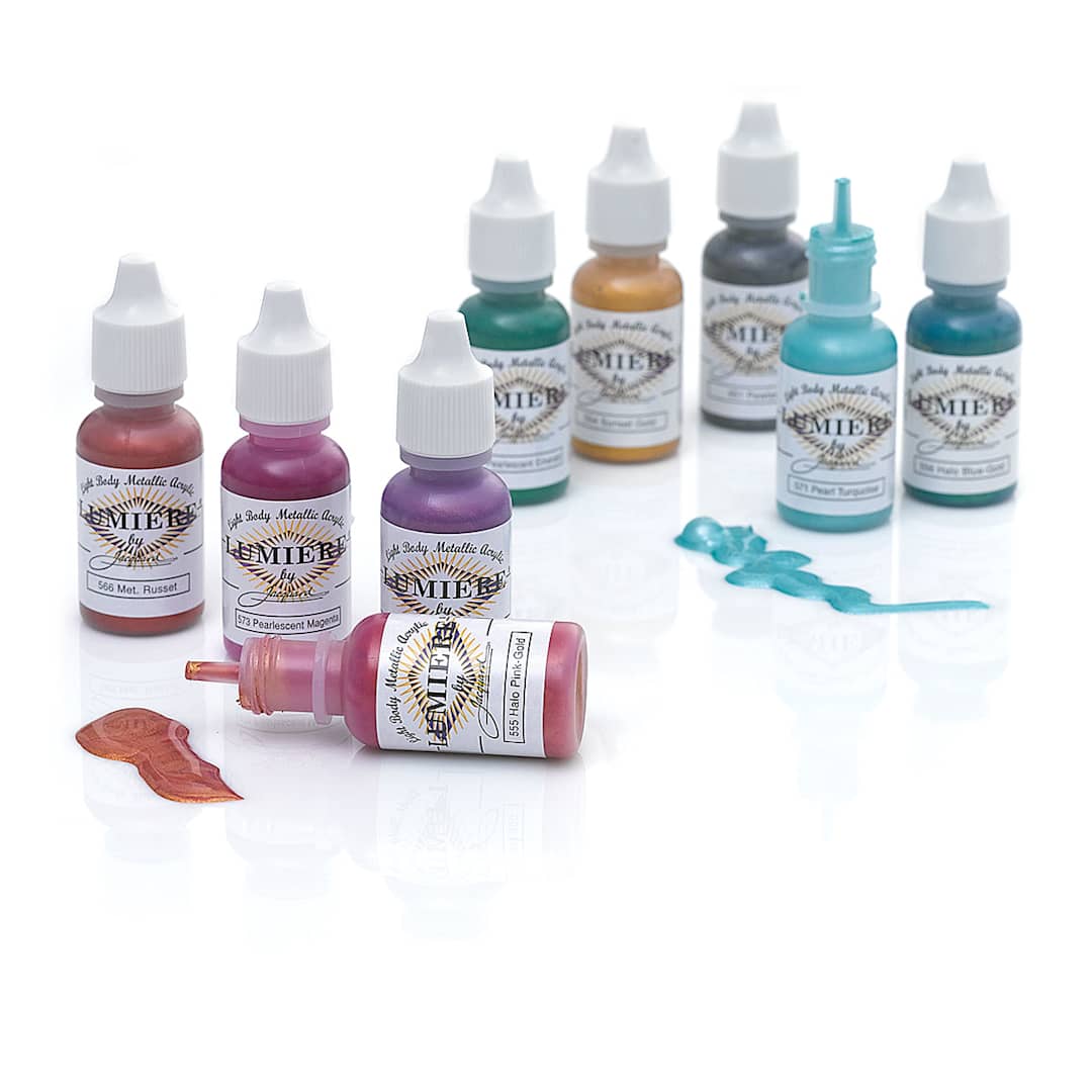 Open in modal - Jacquard Lumiere Acrylic Paint Sets - Components of 9pc Exciter pack shown with one .5oz bottle open