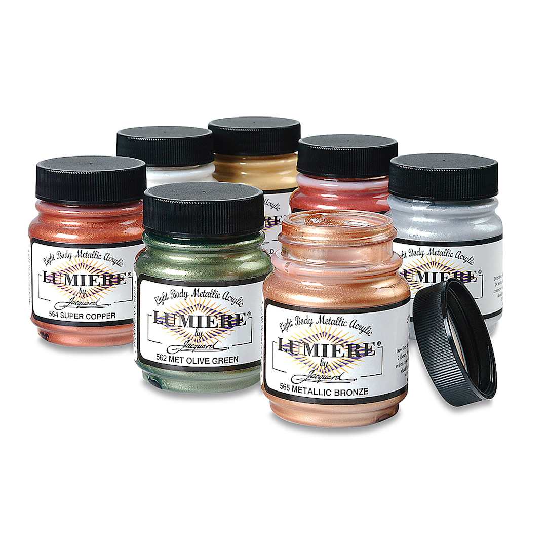 Open in modal - Jacquard Lumiere Acrylic Paints and Sets - Assorted 2.5oz jars shown with one lid removed