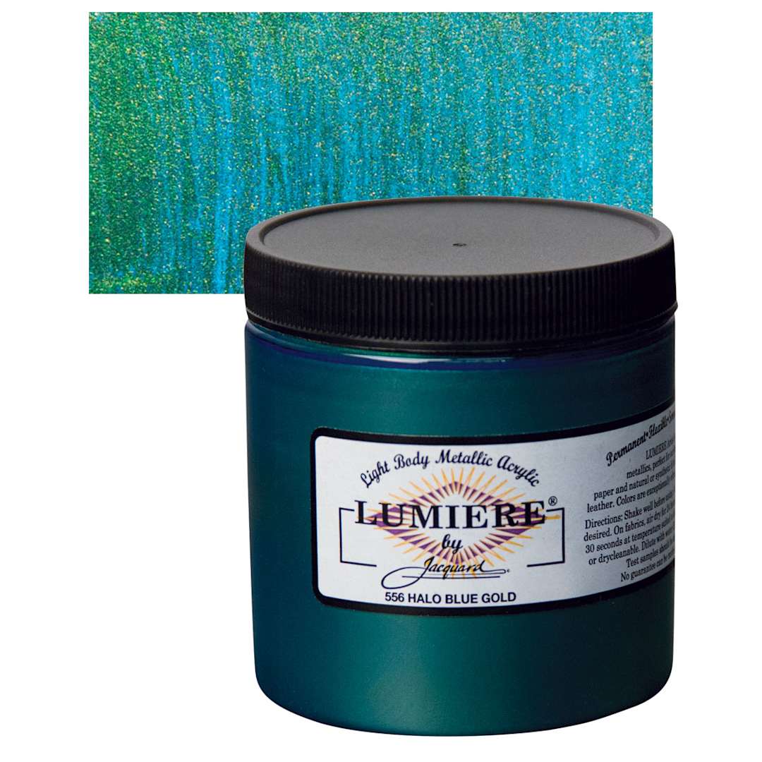Open in modal - Jacquard Lumiere Acrylic - Halo Blue Gold, 8 oz Jar and swatch