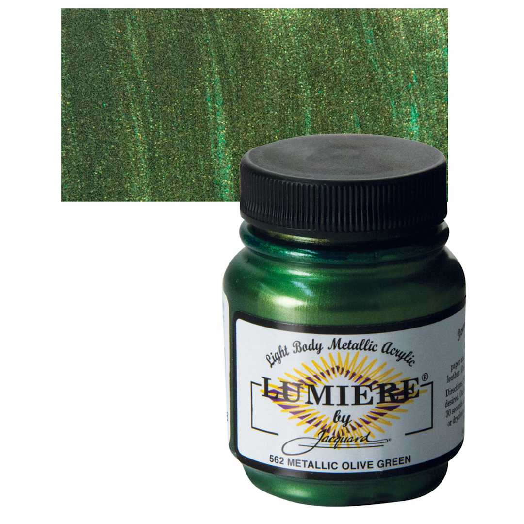Open in modal - Jacquard Lumiere Acrylic - Metallic Olive Green, 2.25 oz Jar and swatch