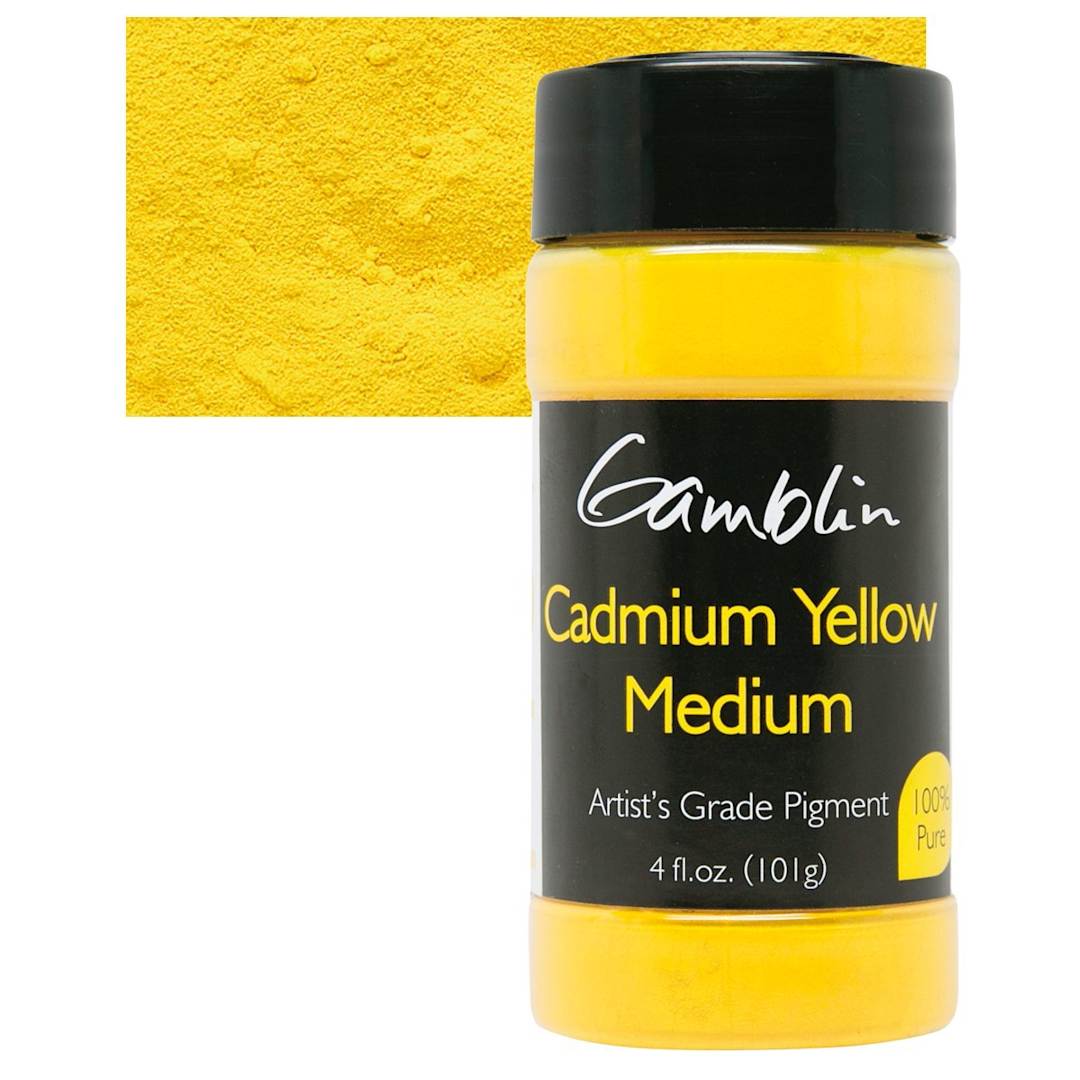 Open in modal - Gamblin Artist's Grade Pigment - Cadmium Yellow Medium, 4 oz bottle and swatch