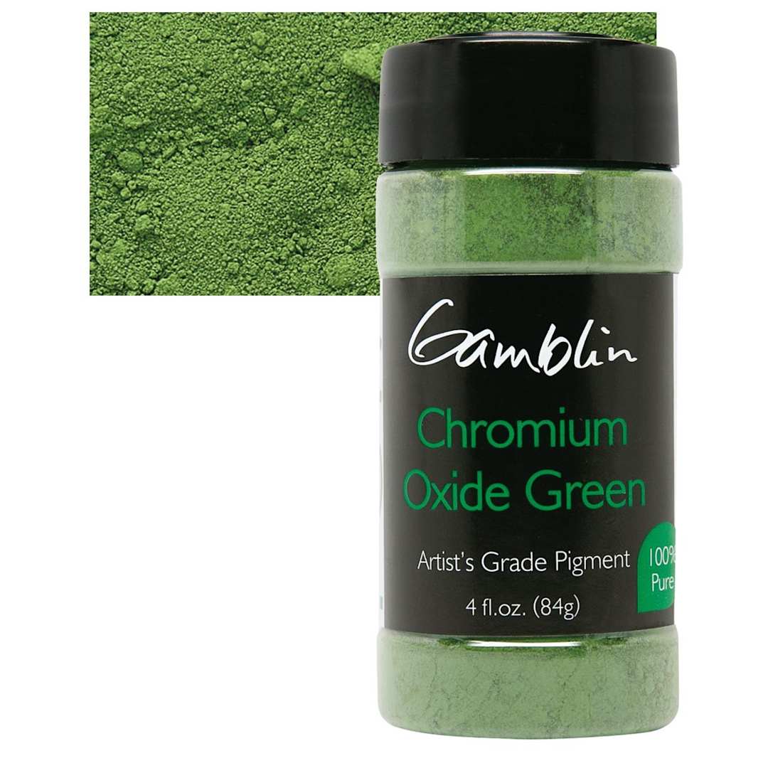 Open in modal - Gamblin Artist's Grade Pigment - Chromium Oxide Green, 4 oz bottle and swatch