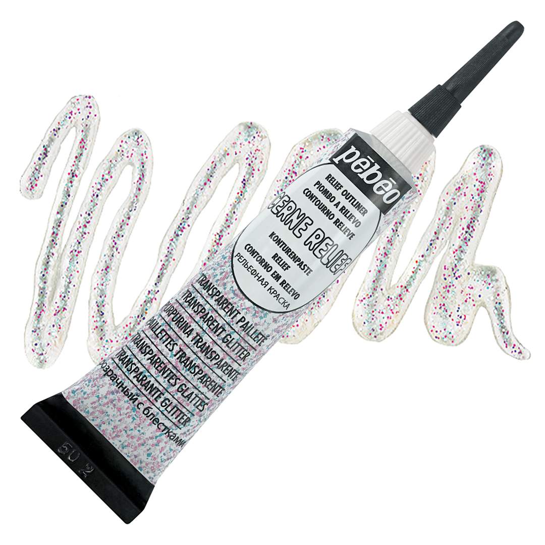 Open in modal - Pebeo Vitrail Paint Outliner - Transparent Outliner with Glitter, 20 ml tube and swatch