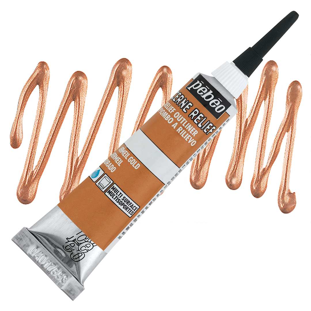 Open in modal - Pebeo Vitrail Paint Outliner - Vermilion Gold Outliner, 20 ml tube and swatch