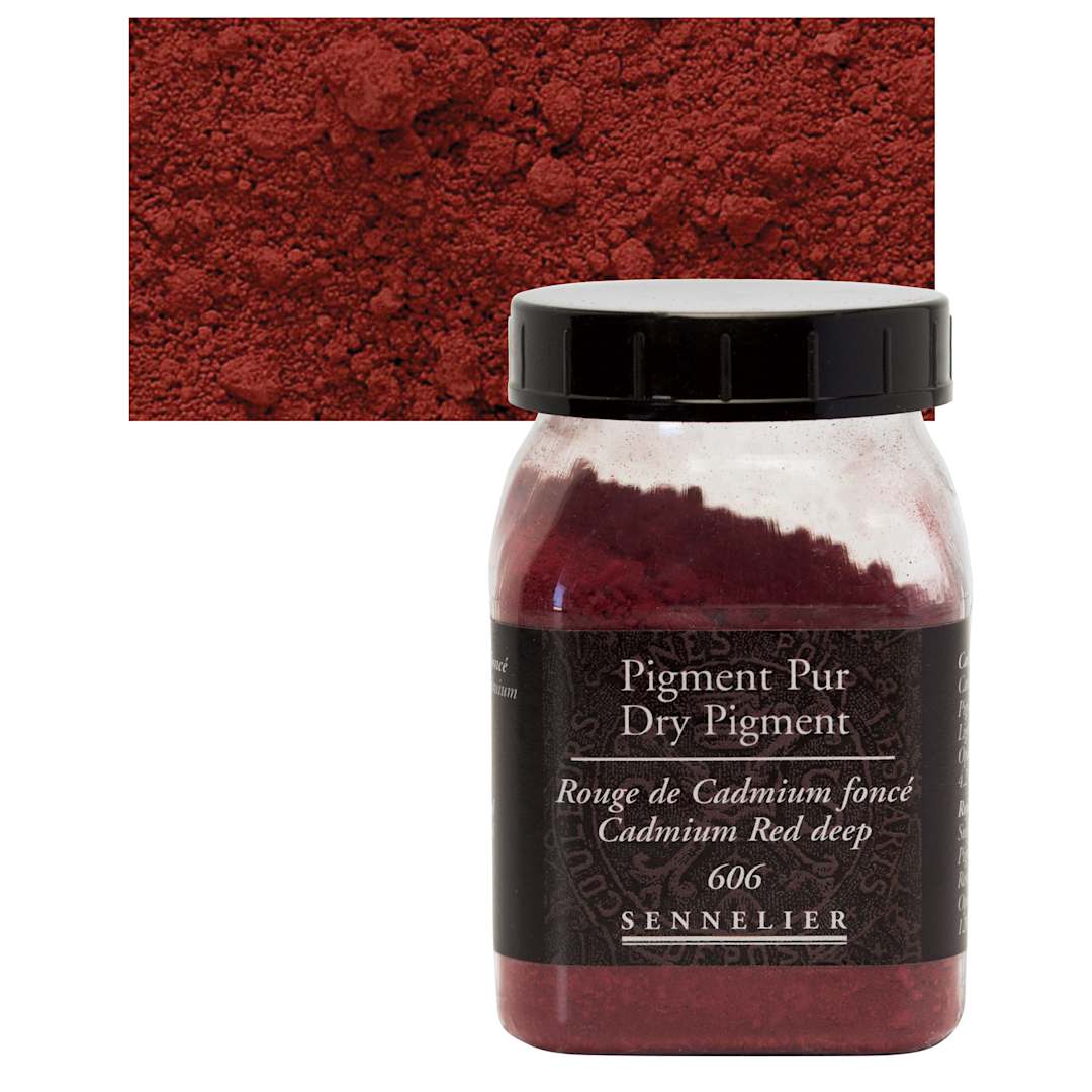 Open in modal - Sennelier Dry Pigment - Cadmium Red Deep, 120 g jar and swatch