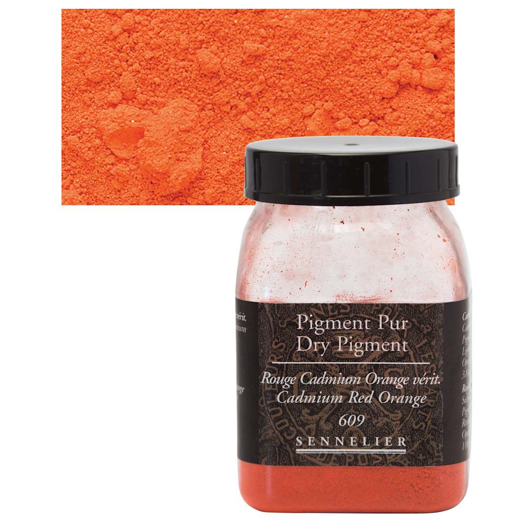 Open in modal - Sennelier Dry Pigment - Cadmium Red Orange, 110 g jar and swatch