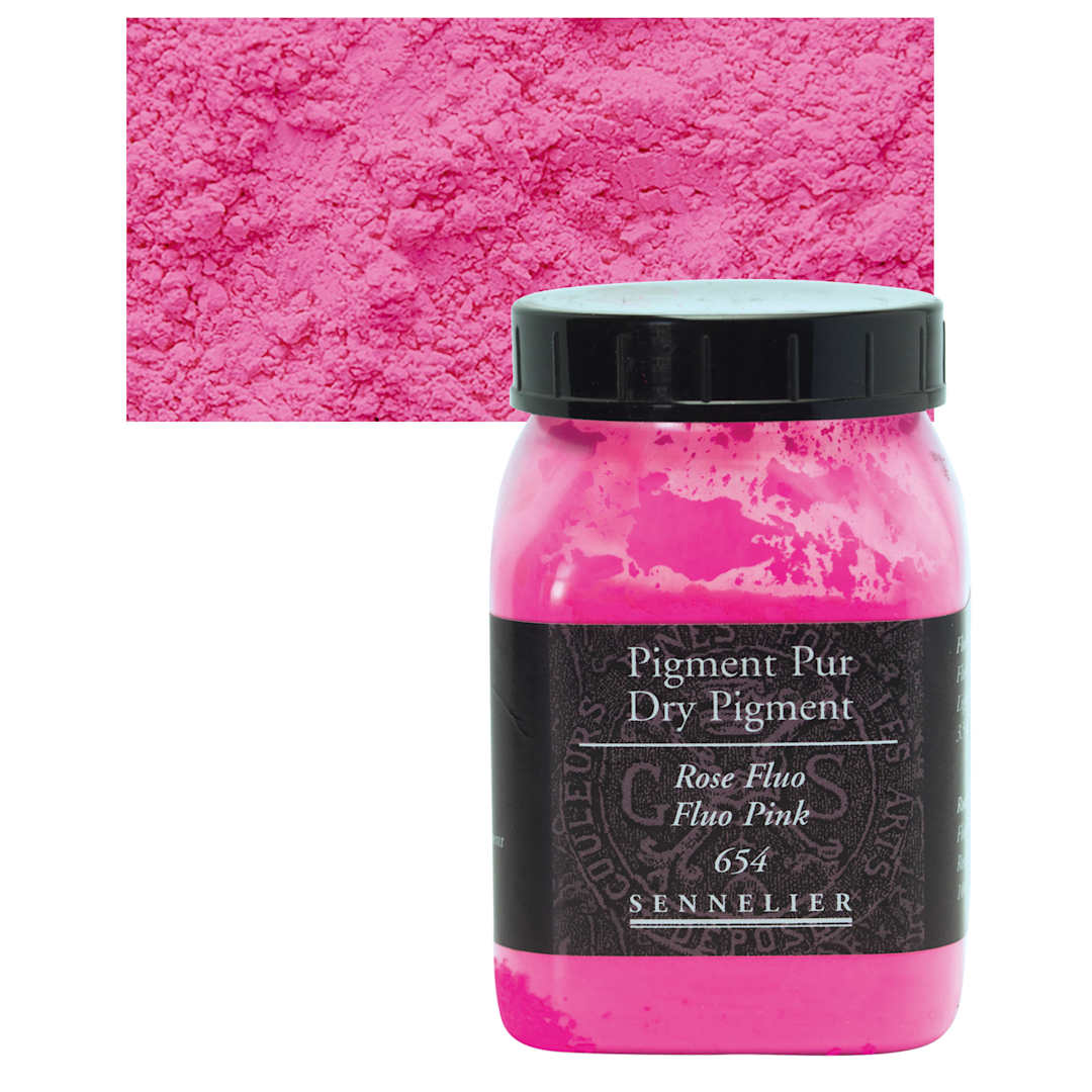 Open in modal - Sennelier Dry Pigment - Fluorescent Pink, 100 g jar and swatch