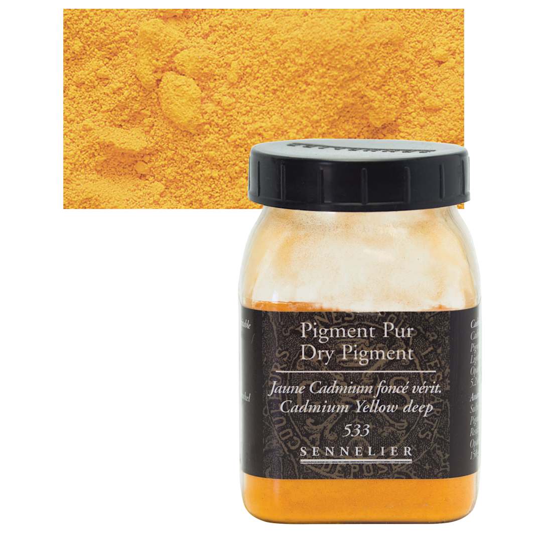 Open in modal - Sennelier Dry Pigment - Cadmium Yellow Deep, 150 g jar and swatch