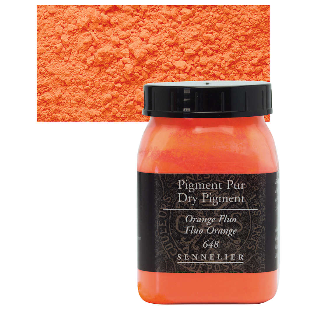 Open in modal - Sennelier Dry Pigment - Fluorescent Orange, 100 g jar and swatch