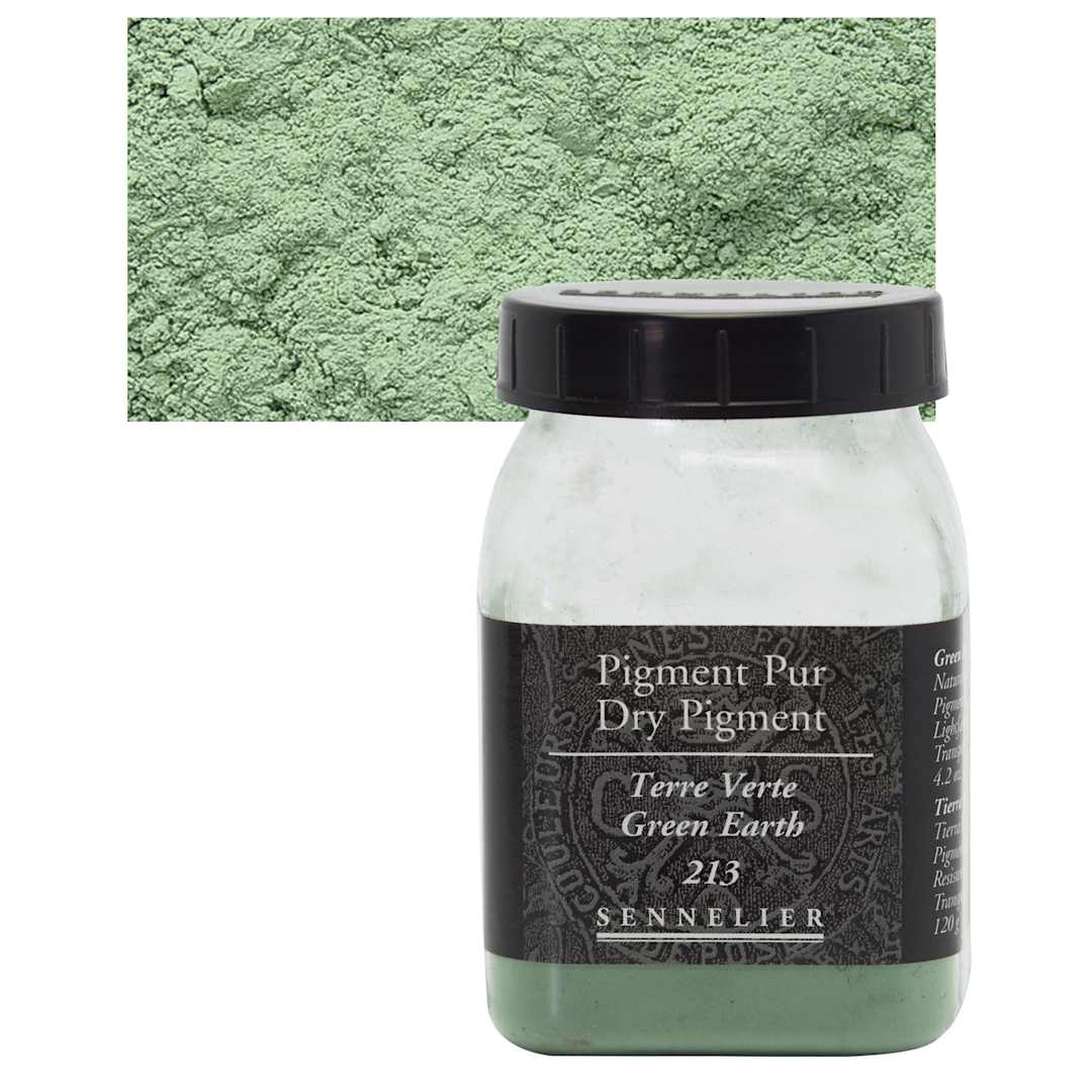 Open in modal - Sennelier Dry Pigment - Green Earth, 120 g jar and swatch