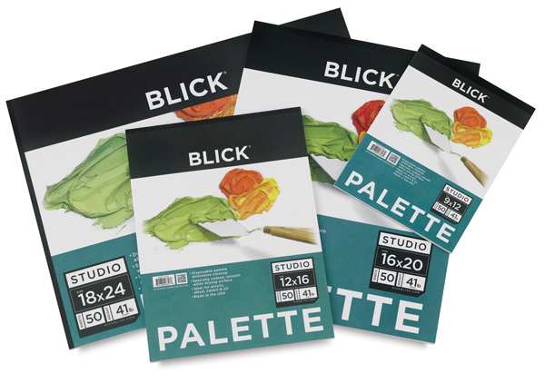 Open in modal - Blick Disposable Palette Pads, Four assorted sizes. Fronts of pads.