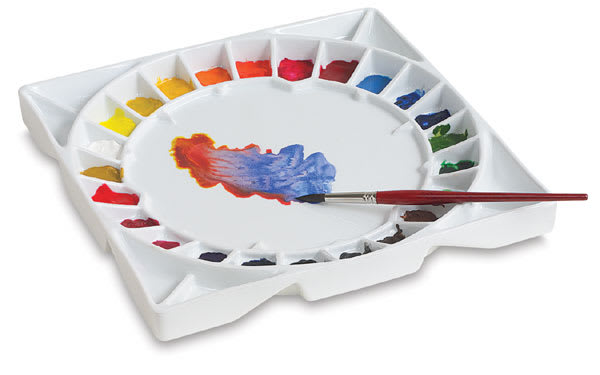 Open in modal - Stephen Quiller Porcelain Palette - Top view of palette in use loaded with paints and brush
