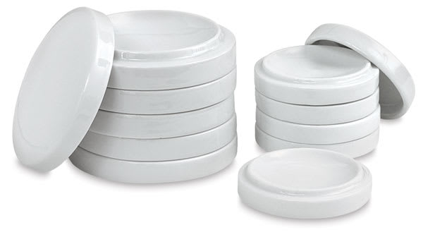 Open in modal - Richeson Nesting Porcelain Palette Sets - Large and Small sets shown stacked with lid adjacent