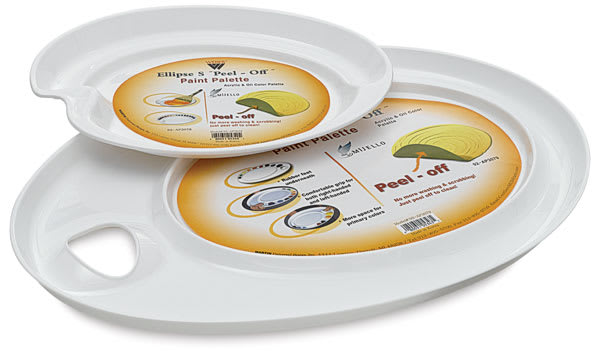 Open in modal - Mijello Ellipse Peel-off Palettes - Angled view of two sizes of palettes shown with labels