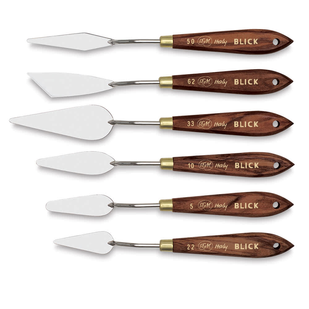 Open in modal - Blick Palette Knives by RGM-Traditional Knives, Set of 6. Knives stacked out of package.
