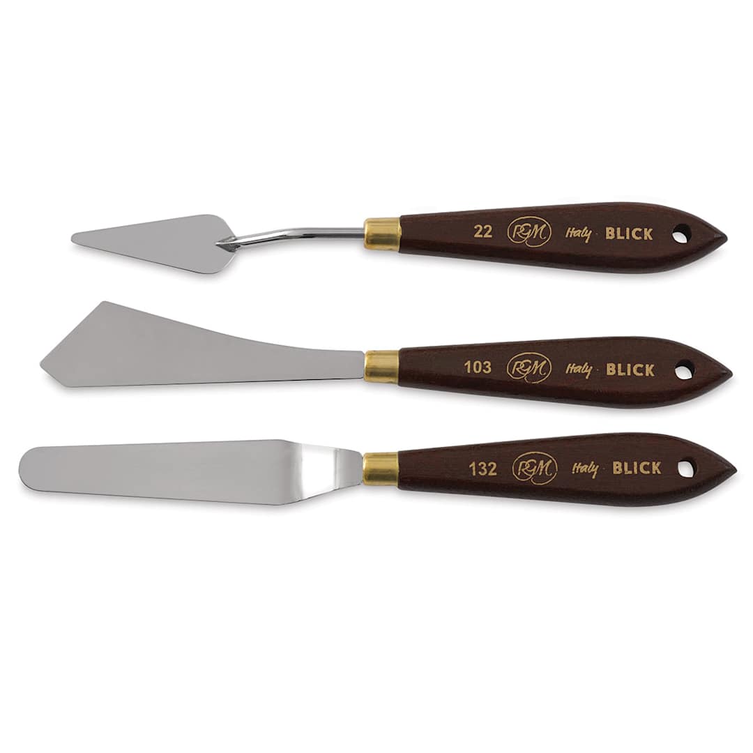 Open in modal - Blick Palette Knives by RGM-Traditional Knives, Set of 3. Knives stacked out of package.