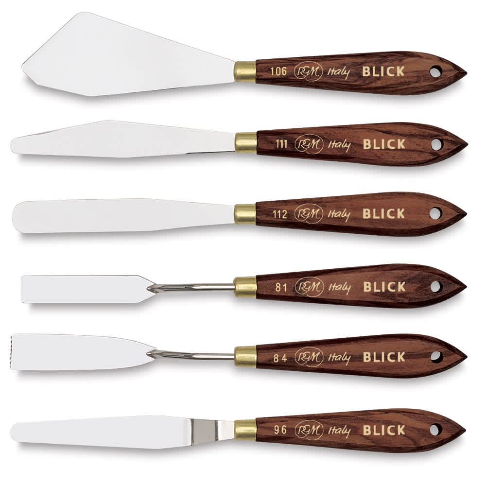 Open in modal - Blick Painting Knife - Large Area and Mixing, Set of 6. Knives stacked out of package.