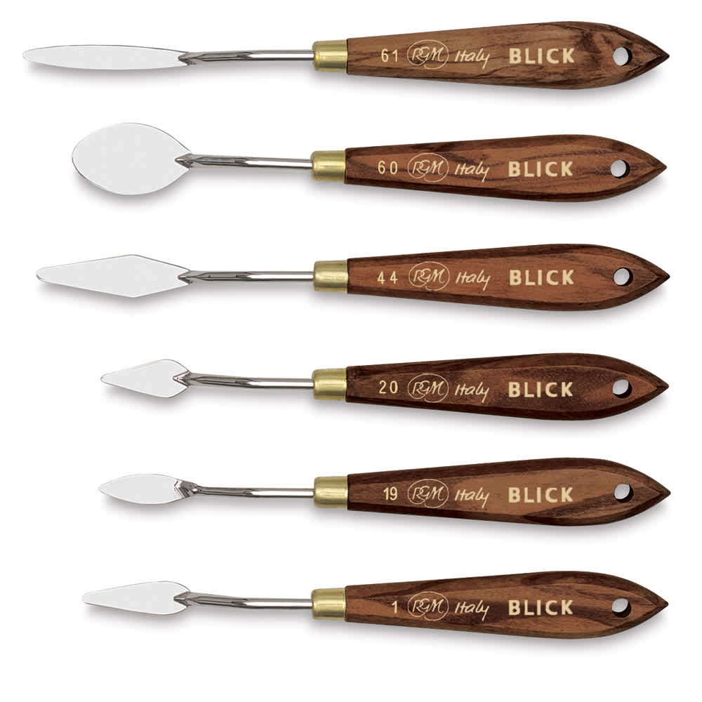 Open in modal - Blick Palette Knives by RGM-Detail Knives, Set of 6. Knives stacked out of package.