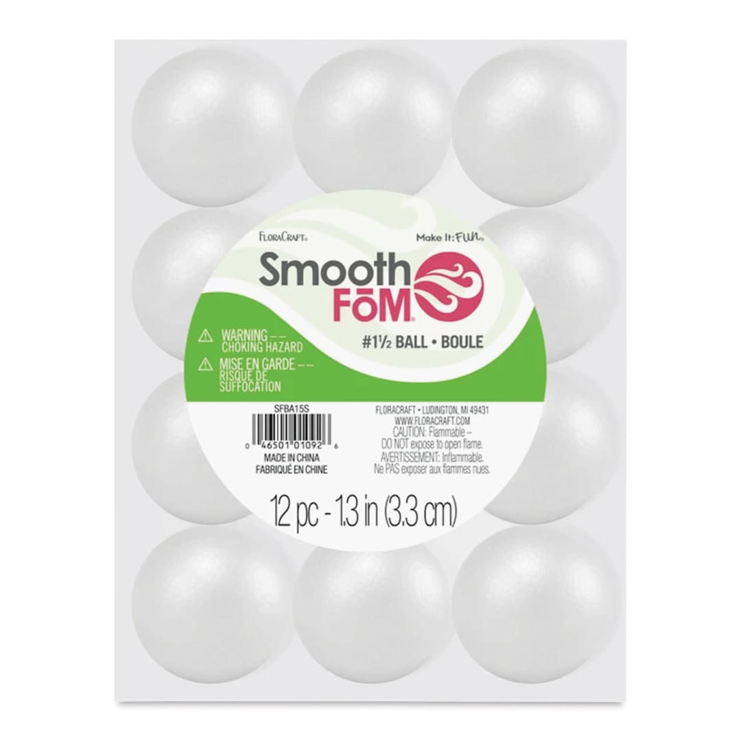 Open in modal - FloraCraft SmoothFoM Foam - Ball, Pkg of 12, 1.3" Dia front of packaging