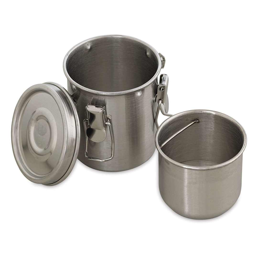 Open in modal - Anderson & Sons Stainless Steel Airtight Brush Washer - Top view of 8 oz Washer open, with Strainer