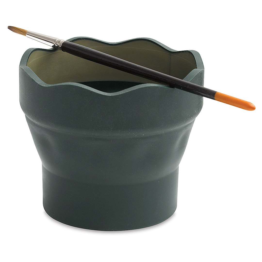 Open in modal - Faber-Castell Clic & Go Water Cup - Green, expanded with brush balanced on top (not included)