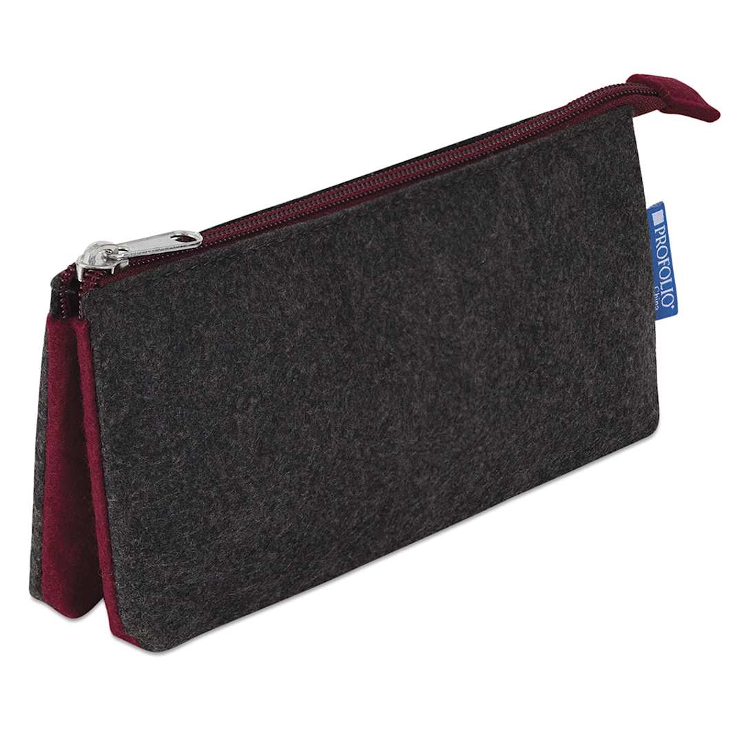 Open in modal - Itoya Profolio Midtown Pouches - Angled view of Charcoal/Maroon pouch