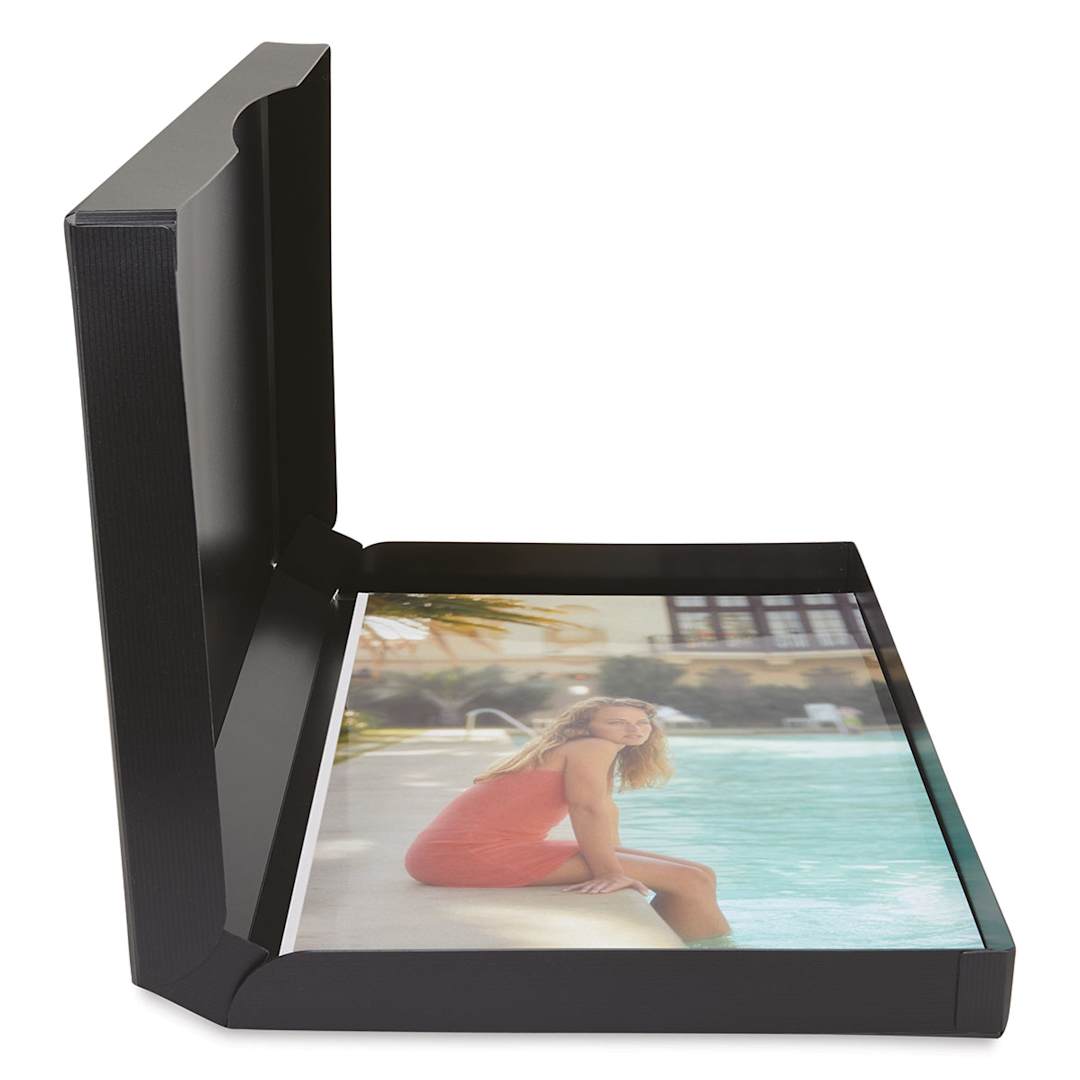 Open in modal - Itoya ProFolio Archive-All Storage Box - Side view with hinged lid upright showing artwork inside