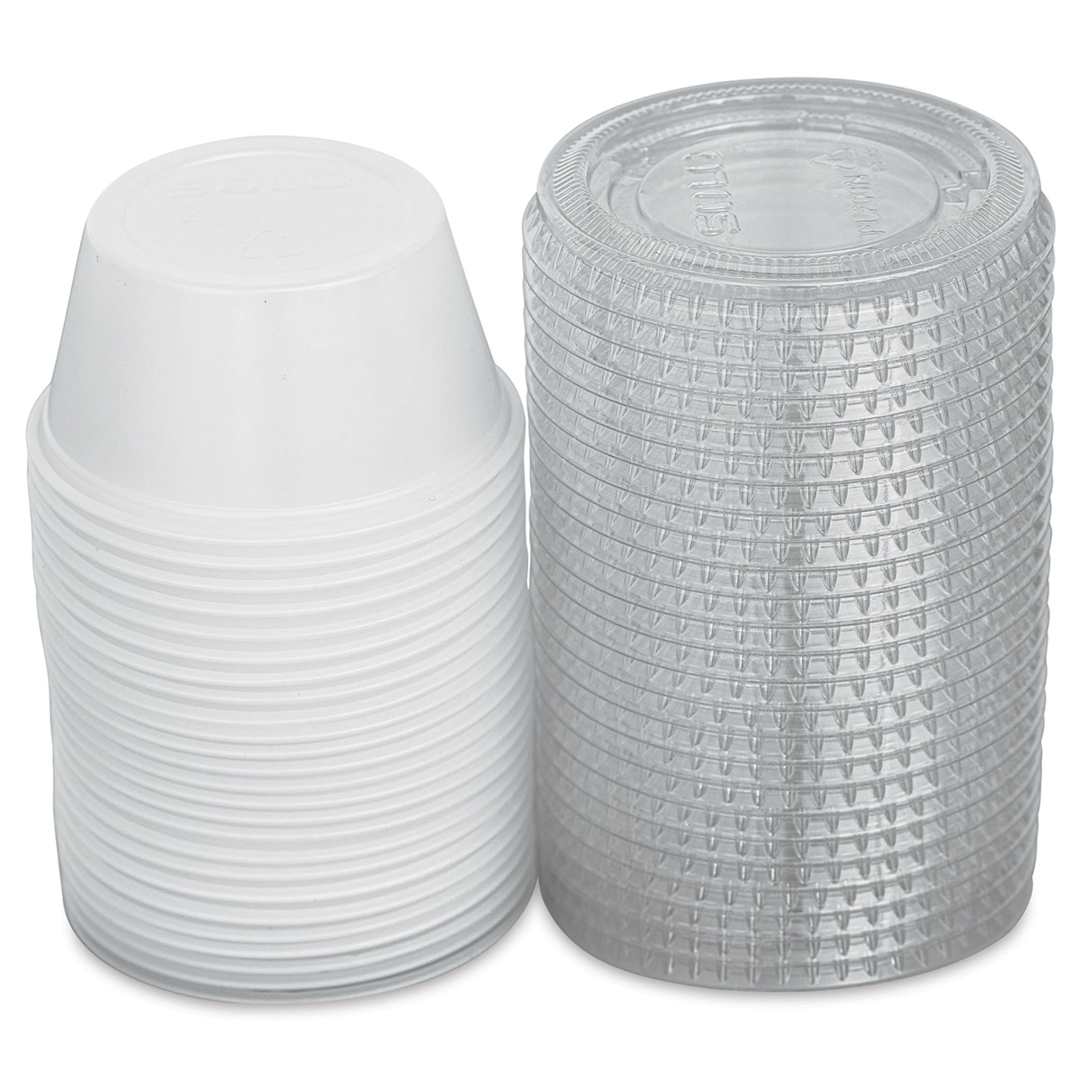 Open in modal - Uline Plastic Cups with Lids - 25 2 ounce cups shown stacked with lids adjacent