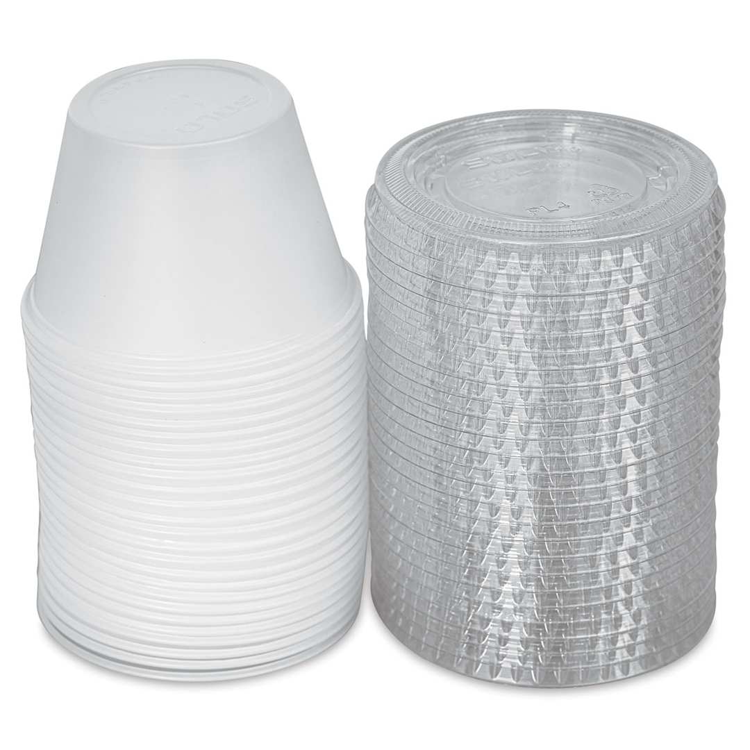 Open in modal - Uline Plastic Cups with Lids - 25 4 ounce cups shown stacked with lids adjacent