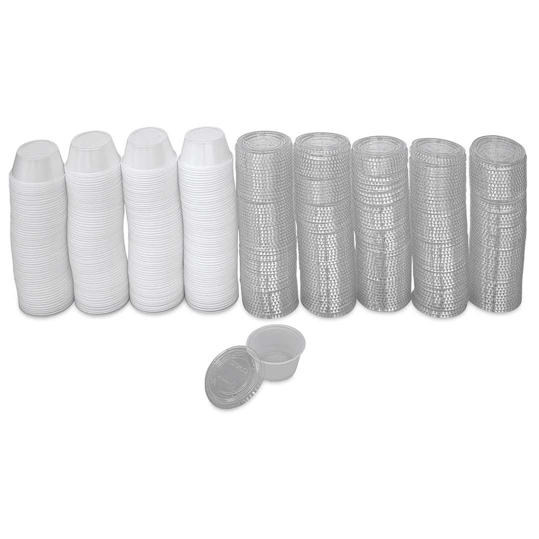 Open in modal - Uline Plastic Cups with Lids - 250 2 ounce cups and lids shown stacked in a row