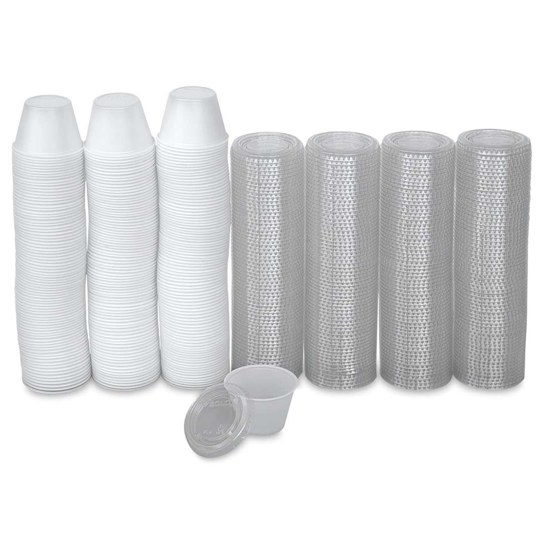 Open in modal - Uline Plastic Cups with Lids - 250 4 ounce cups and lids shown stacked in a row