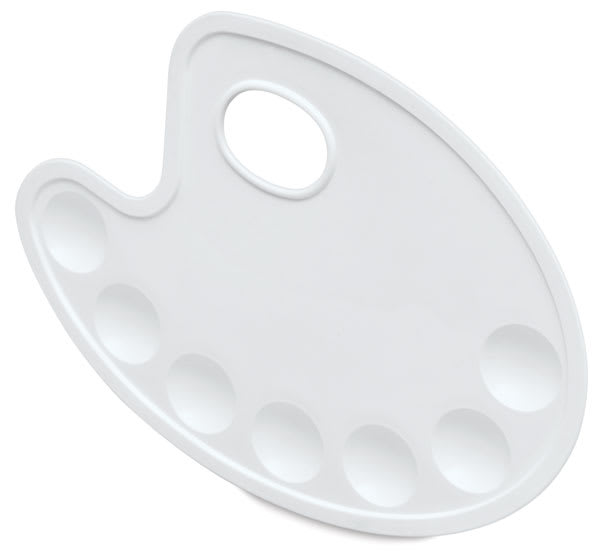 Open in modal - Richeson Oval Plastic Palette - Top view of 7 well oval palette with thumb hole