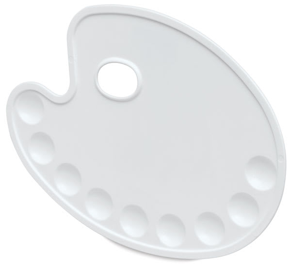 Open in modal - Richeson Oval Plastic Palette - Top view of 9 well oval palette with thumb hole