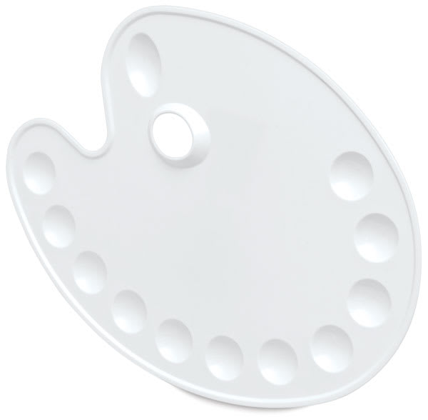 Open in modal - Richeson Oval Plastic Palette - Top view of 12 well oval palette with thumb hole