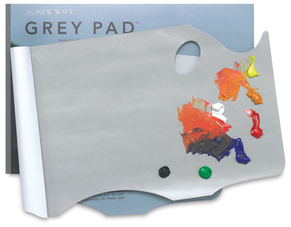 Open in modal - New Wave Grey Pad Disposable Palettes - Hand held version shown with paint and package