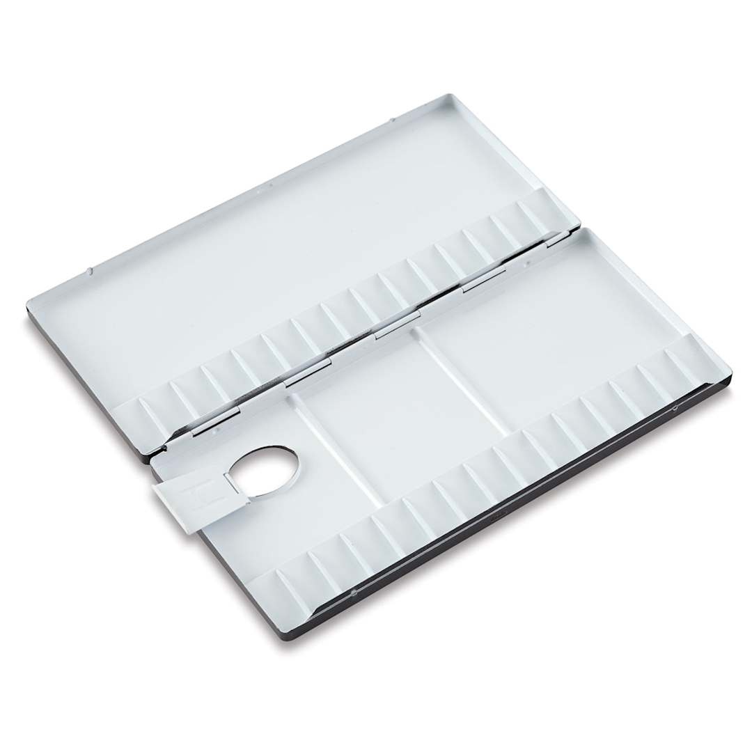 Open in modal - Holbein Aluminum Folding Watercolor Palettes - 30 Well size shown open with Thumb slot also open