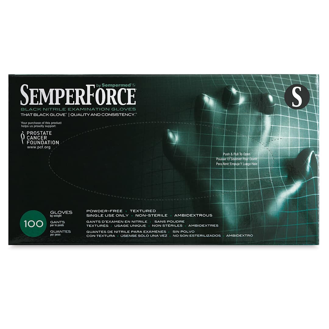 Open in modal - SemperForce Black Nitrile Gloves - Front of package of Small size gloves shown
