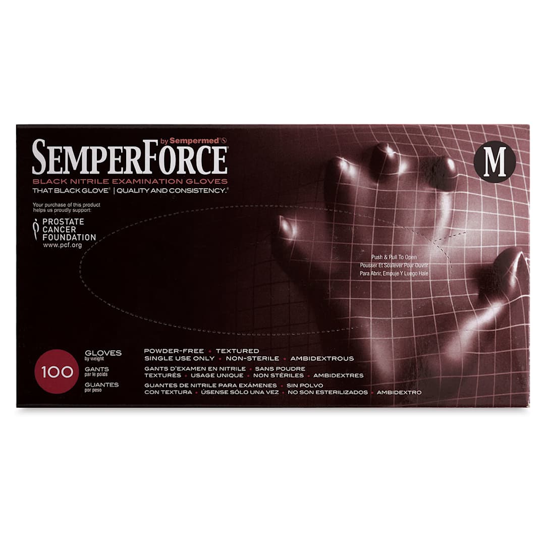 Open in modal - SemperForce Black Nitrile Gloves - Front of package of Medium size gloves shown