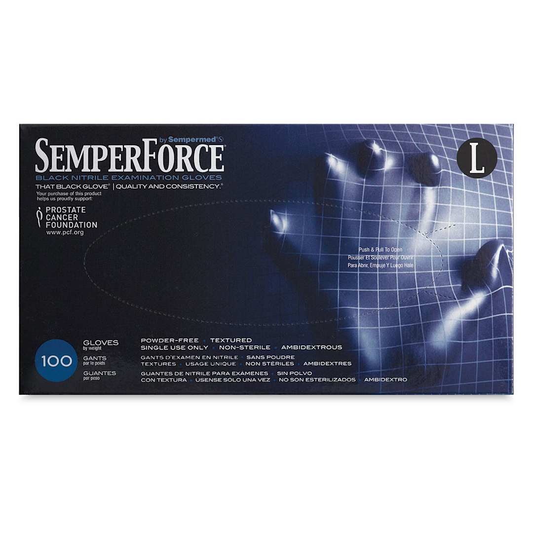 Open in modal - SemperForce Black Nitrile Gloves - Front of package of Large size gloves shown