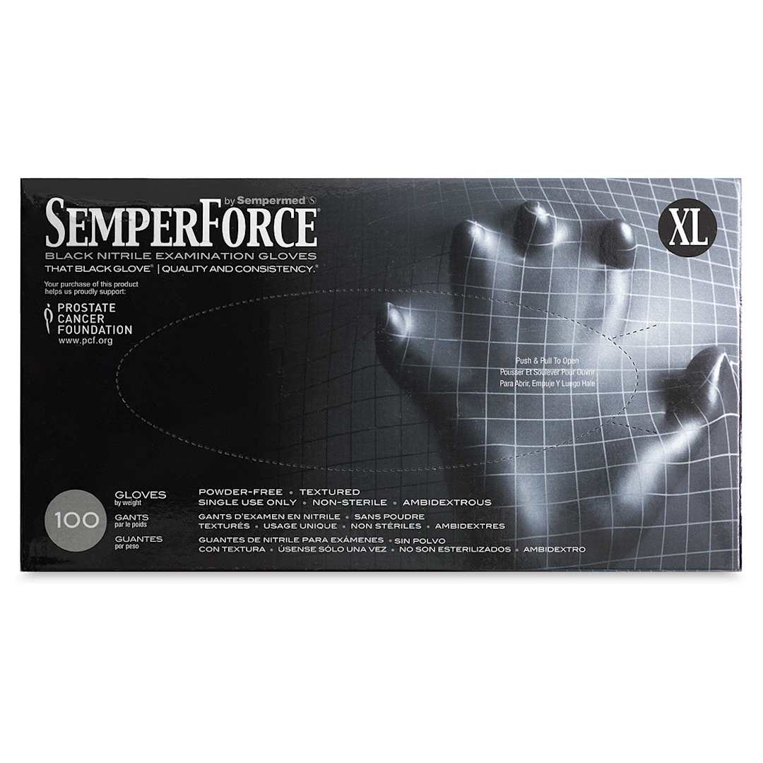 Open in modal - SemperForce Black Nitrile Gloves - Front of package of Extra Large size gloves shown