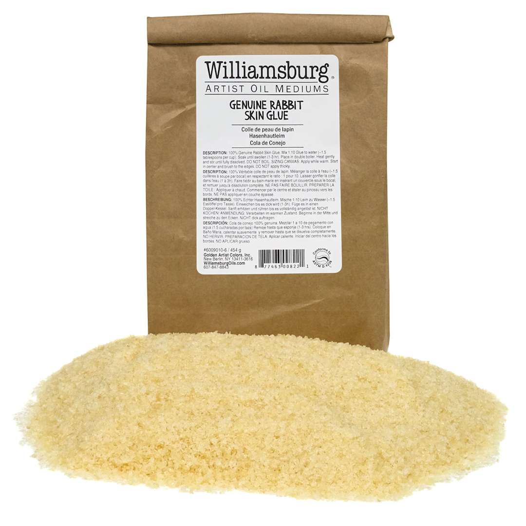 Open in modal - Williamsburg Rabbit Skin Glue - Package shown with pile of glue powder