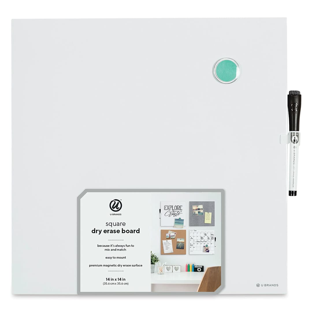 Open in modal - U Brands Dry Erase Tile Board - Front of package of Blank board showing Marker and magnet