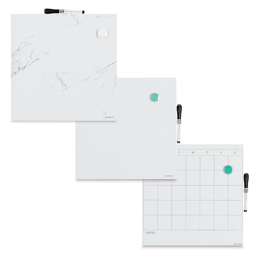 Open in modal - U Brands Dry Erase Tile Boards - Top view of 3 types of Tile boards with markers