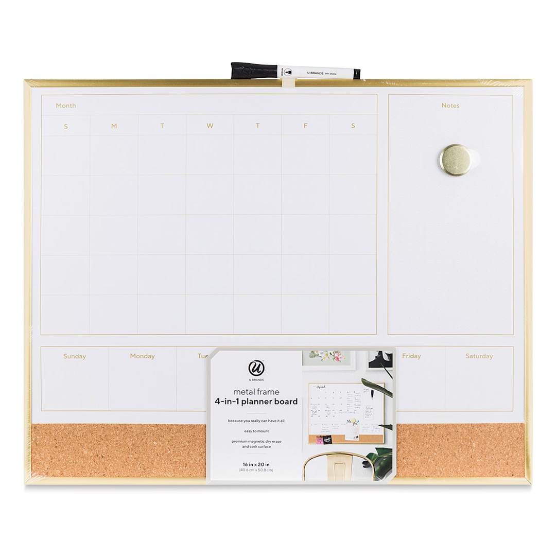 Open in modal - U Brands Gold Frame Dry Erase 2-in-1 Planner Board - Front of package with label
