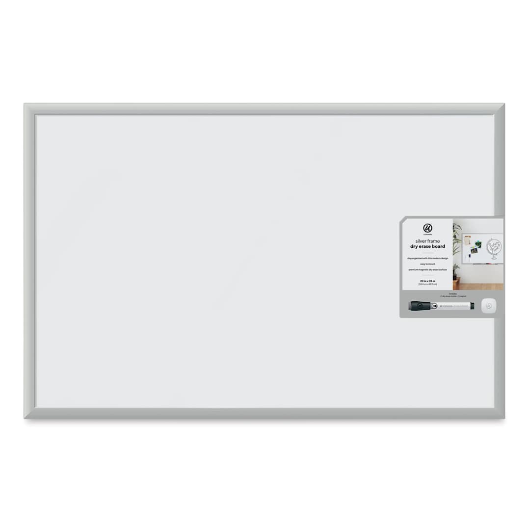 Open in modal - U Brands Silver Frame Magnetic White Board - 23" x 35" shown with label