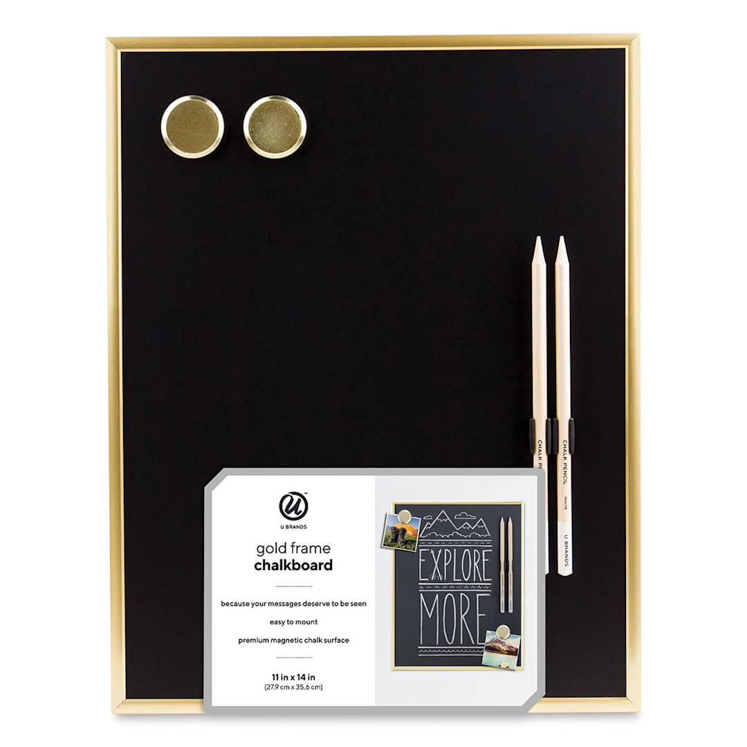 Open in modal - U Brands Gold Framed Chalkboard - Front of package showing magnets and pencils