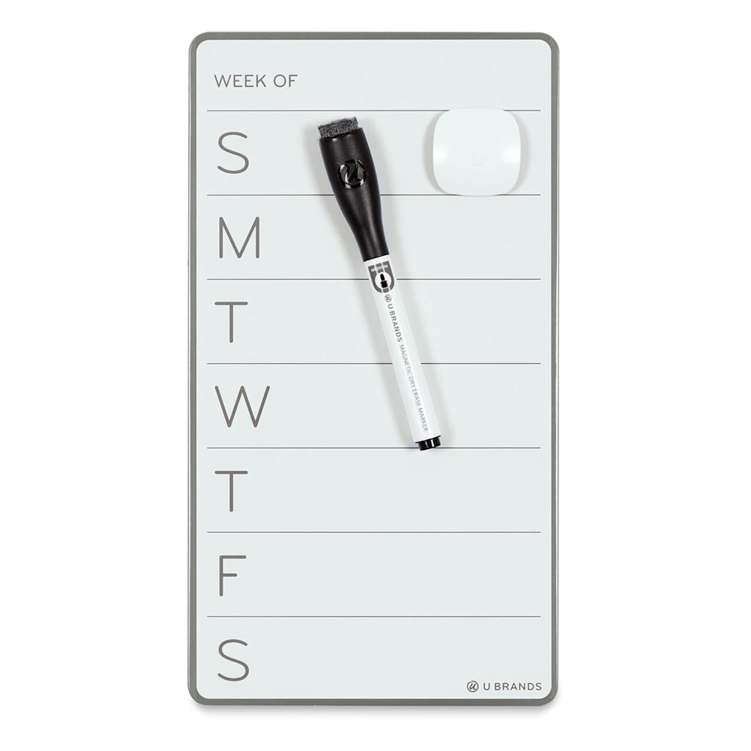 Open in modal - U Brands Frameless Dry Erase Weekly Board - Front view of blank board with marker and magnet
